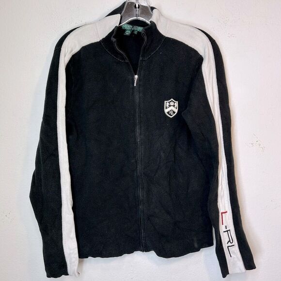 LAUREN RALPH LAUREN ACTIVE WOMANS JACKET LARGE BLACK WHITE PATCH L-RL TRACK ZIP - Picture 1 of 12